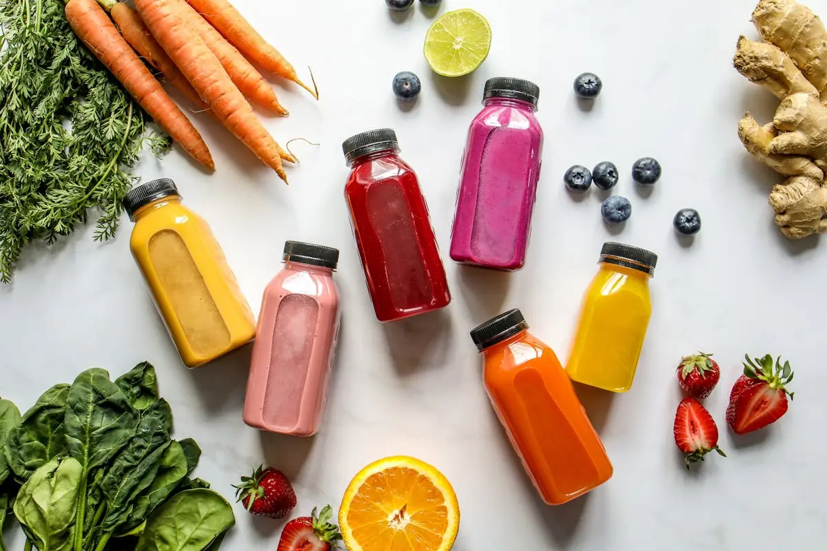 A colorful assortment of Pre-workout shakes and fresh fruits beautifully displayed on a white table